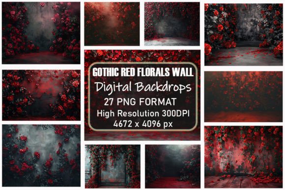 Download Gothic Red Flowers Wall Digital Backdrop - Premium Resources