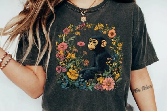 Download Cute Chimpanzee Vintage Floral Wreath Botanical Monkey Sublimation Design Png - Sign Collection