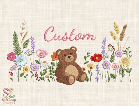 Download Cute Teddy Bear Floral Embroidery Design - Sign Collection
